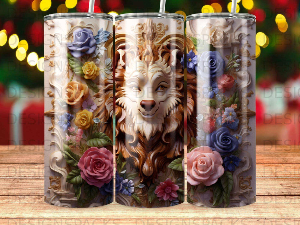 Lion and floral design on a cylindrical tumbler.