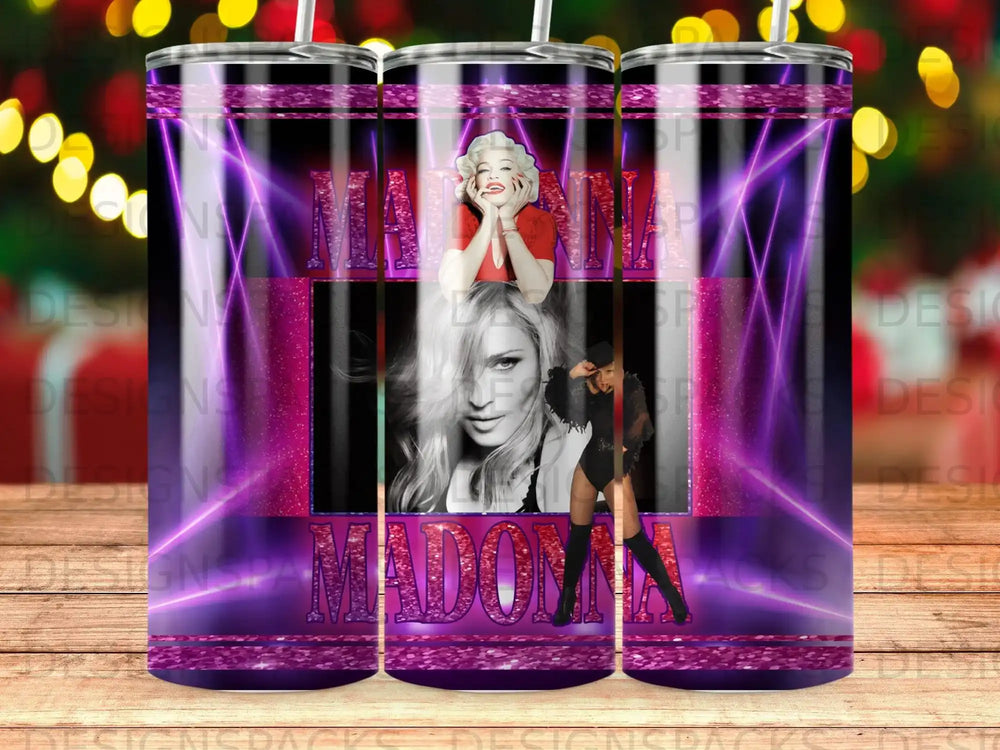 Madonna collage tumbler with purple lighting and glitter accents.