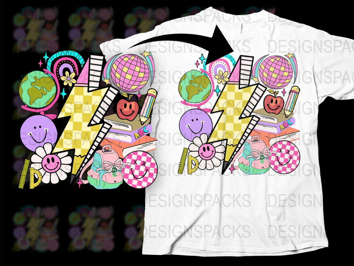 Colorful Graphic T-Shirt, Cartoon Globe Smileys Pencils, Unisex Casual Wear, Trendy Street Fashion Tee