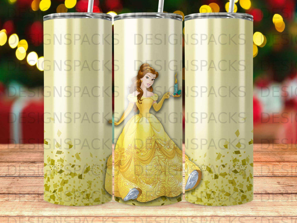 Yellow Disney princess tumbler design with sparkling gold confetti.
