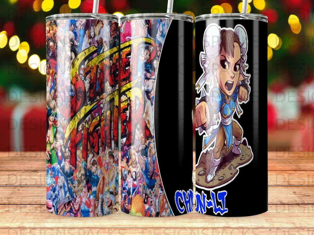 Street Fighter character art on a skinny tumbler with Chun-Li on the right.