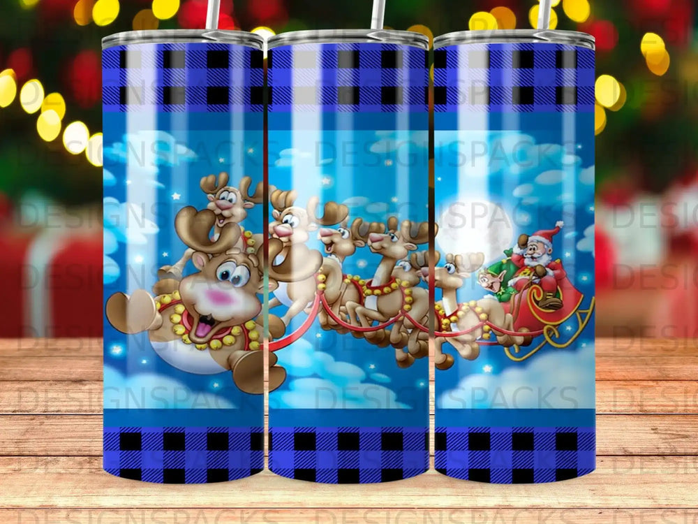 Santa and reindeer pulling sleigh across blue plaid background with colorful bokeh lights.