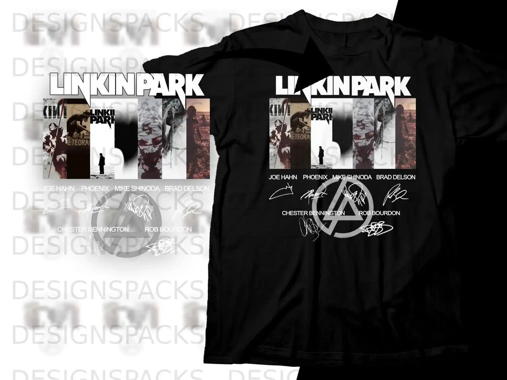 Linkin Park Meteora album art with band member names and signatures on black t-shirt.