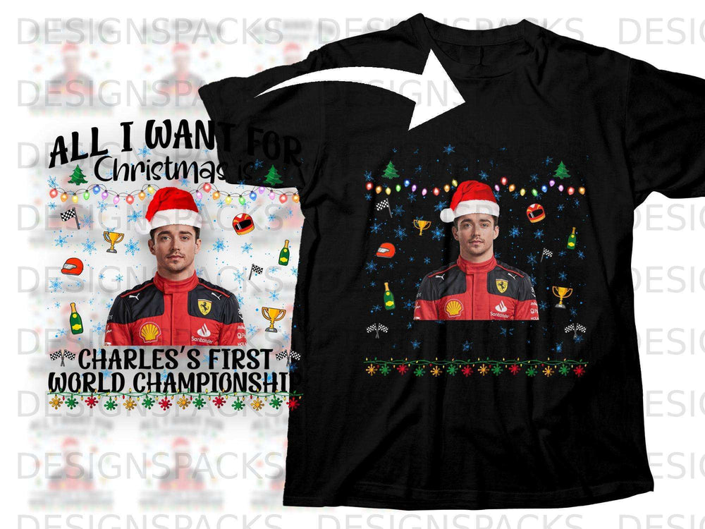 T-shirt with Charles Leclerc, Christmas lights, and "Charles's First World Championshi" text.