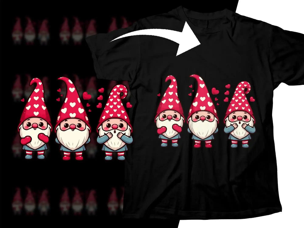 Cute Valentine's gnomes with heart hats on black t-shirt, print-ready design