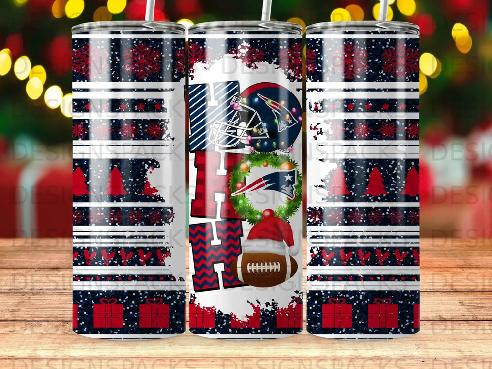 Holiday tumbler with NFL team logos, snowflakes, and presents.