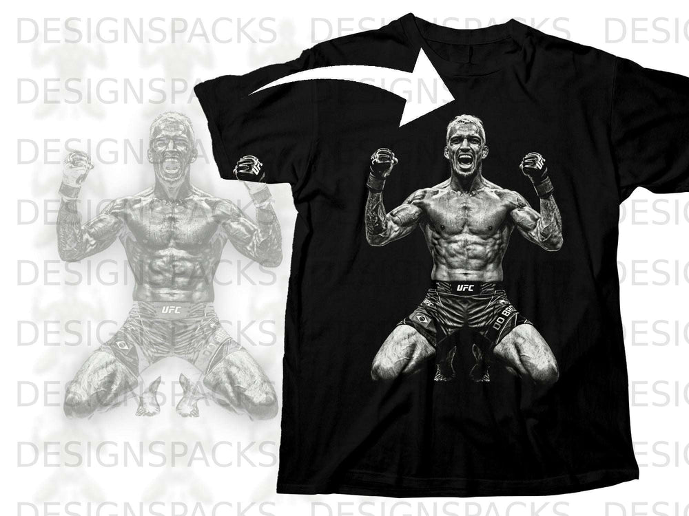 Black t-shirt with a graphic of an MMA fighter with arms raised and fists clenched.