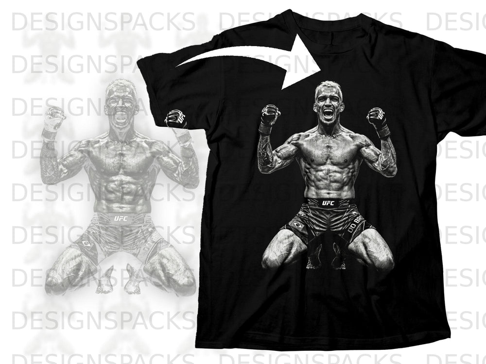 Black t-shirt with a graphic of an MMA fighter with arms raised and fists clenched.