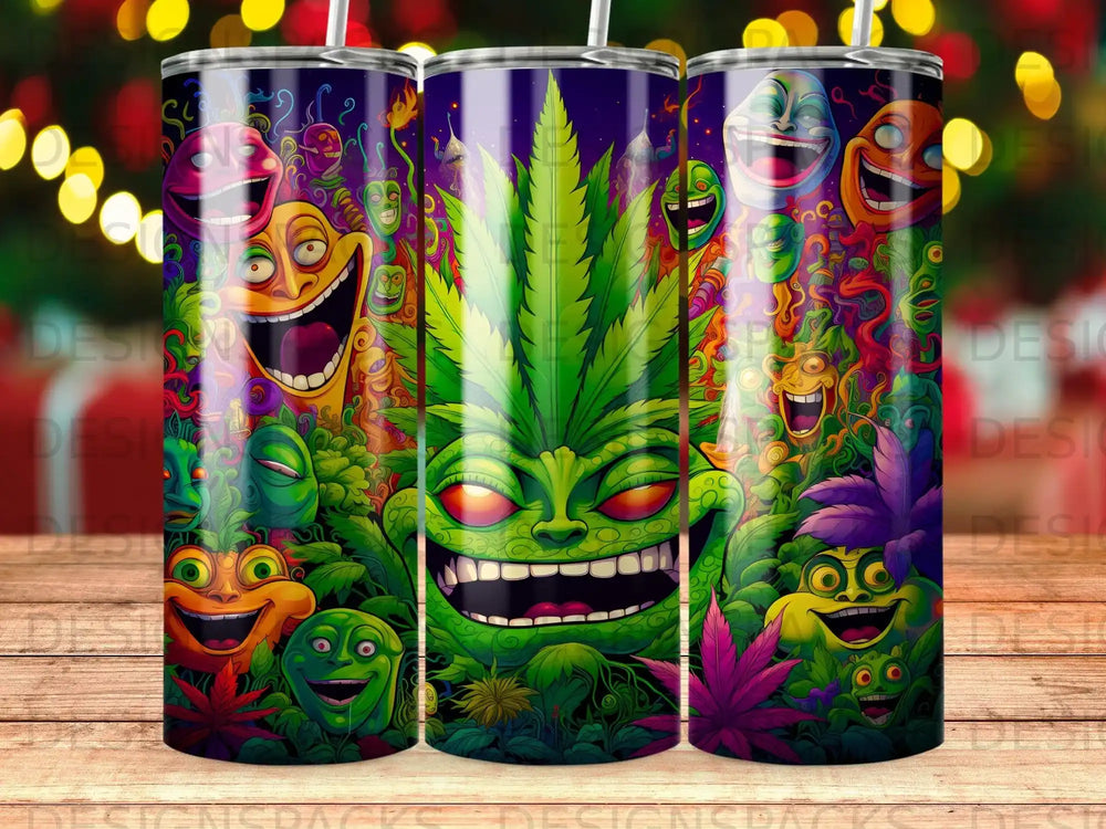 Three tumblers with cartoonish, grinning faces and a large marijuana leaf.