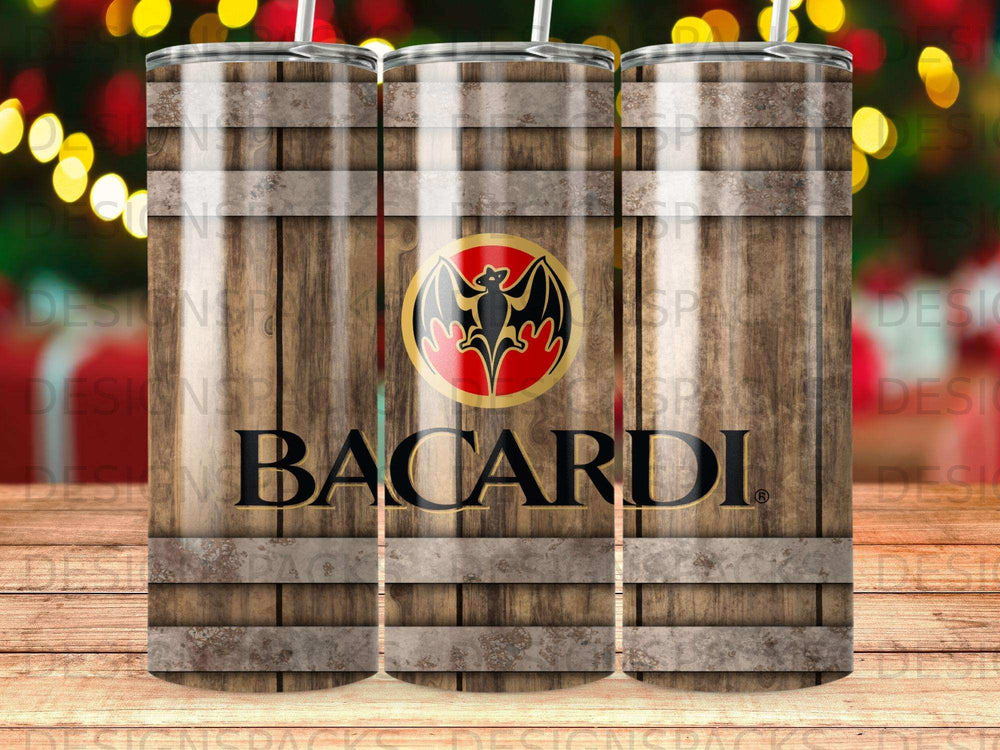 Bacardi logo on a wooden barrel tumbler with straw.