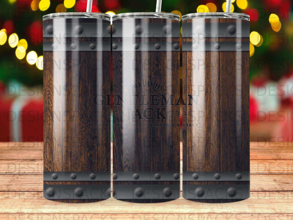 Wooden barrel tumbler with "Gentleman Jack" and whiskey details.