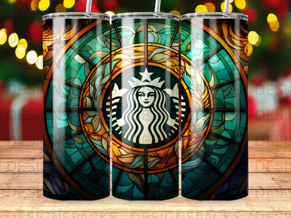 Starbucks logo on a stained glass-inspired tumbler with bokeh lights.