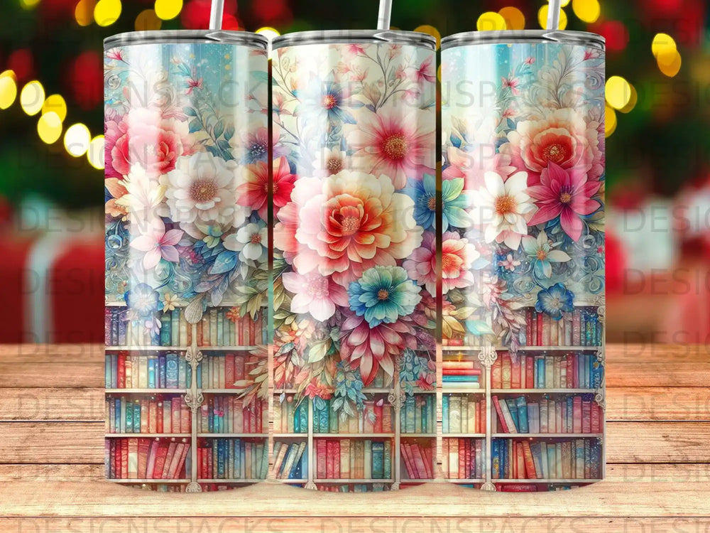 Floral watercolor design on a tumbler with colorful bookshelves background.