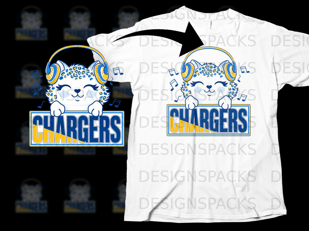 Cute cartoon leopard with headphones and music notes holds a "Chargers" sign.