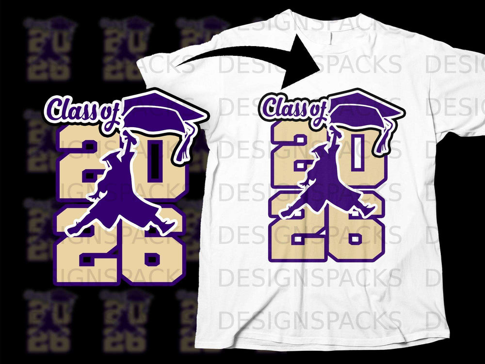"Class of 2026" graphic with gradationcap and silhouette on a white t-shirt.