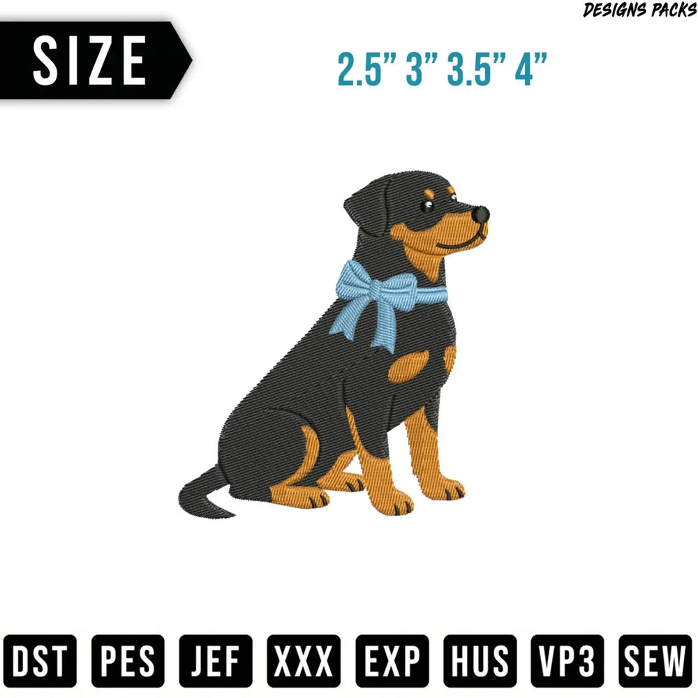 Rottweiler dog with blue bow, available in multiple sizes and formats.