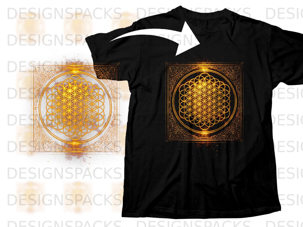 Black t-shirt with golden geometric Flower of Life design.