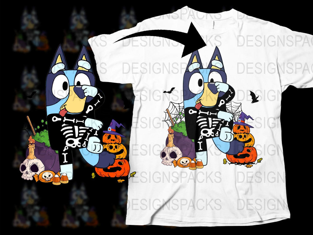 Halloween Cartoon Cat T-Shirt, Skeleton Outfit, Cute Kids and Adult Tee with Pumpkins and Bones Design
