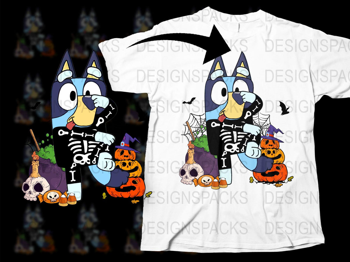 Halloween Cartoon Cat T-Shirt, Skeleton Outfit, Cute Kids and Adult Tee with Pumpkins and Bones Design