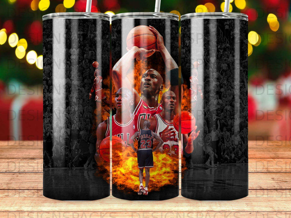 Michael Jordan in basketball action, with flames at his feet and crowd in background.