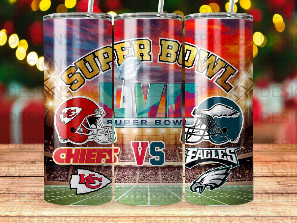 Super Bowl LIV Chiefs vs. Eagles tumbler with stadium background.
