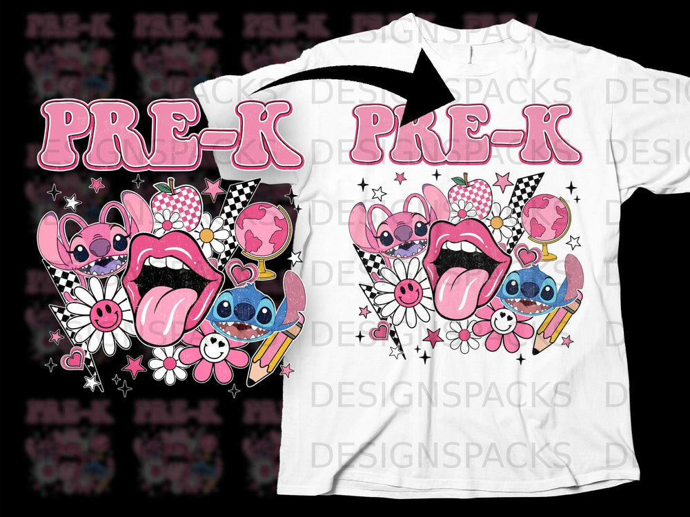 Pink "PRE-K" text with cartoon characters, flowers, and a globe.