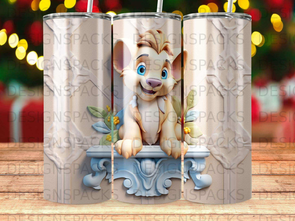 Cartoon character lion cub sitting on ornate grey podium, white background.