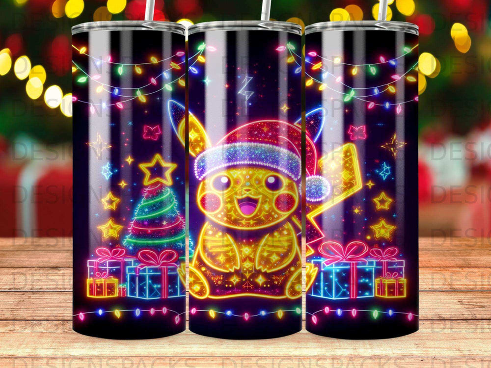 Pikachu in Santa hat with gifts and Christmas tree, illuminated by colorful lights.