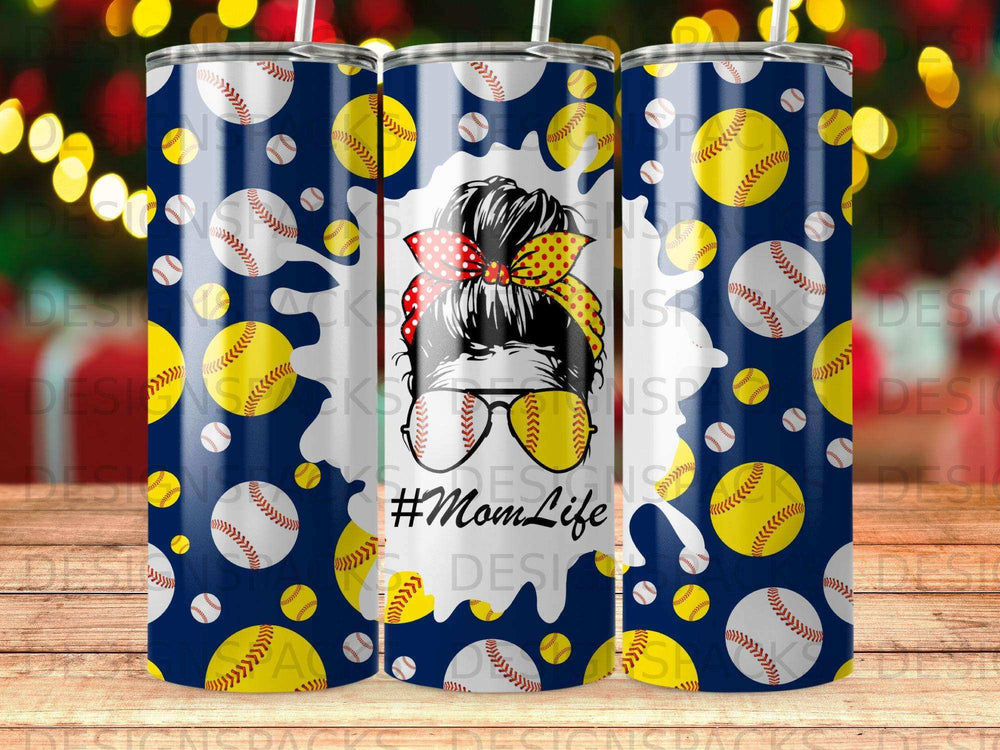 Tumbler with baseball and softball pattern and "Mom Life" text.