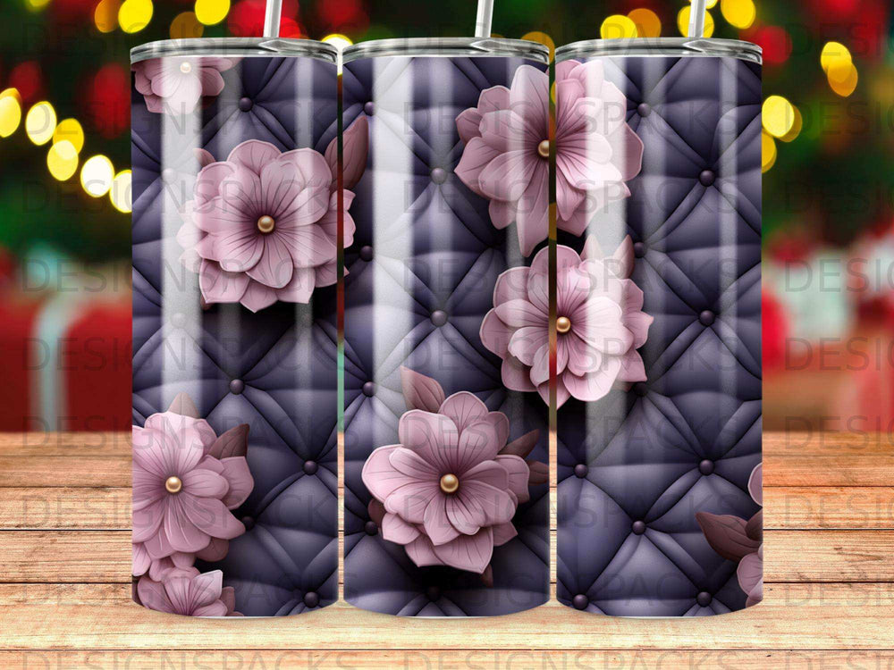 Pink floral pattern on a quilted purple background.