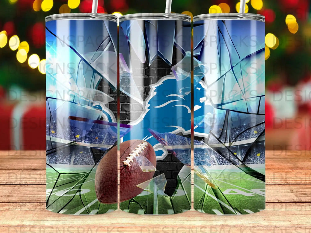 Detroit Lions logo on broken glass with football and stadium background.