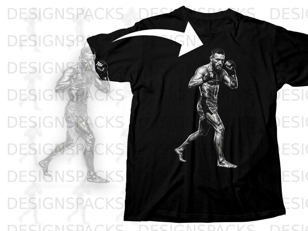 Black t-shirt featuring McGregor in fighting stance with UFC logo.