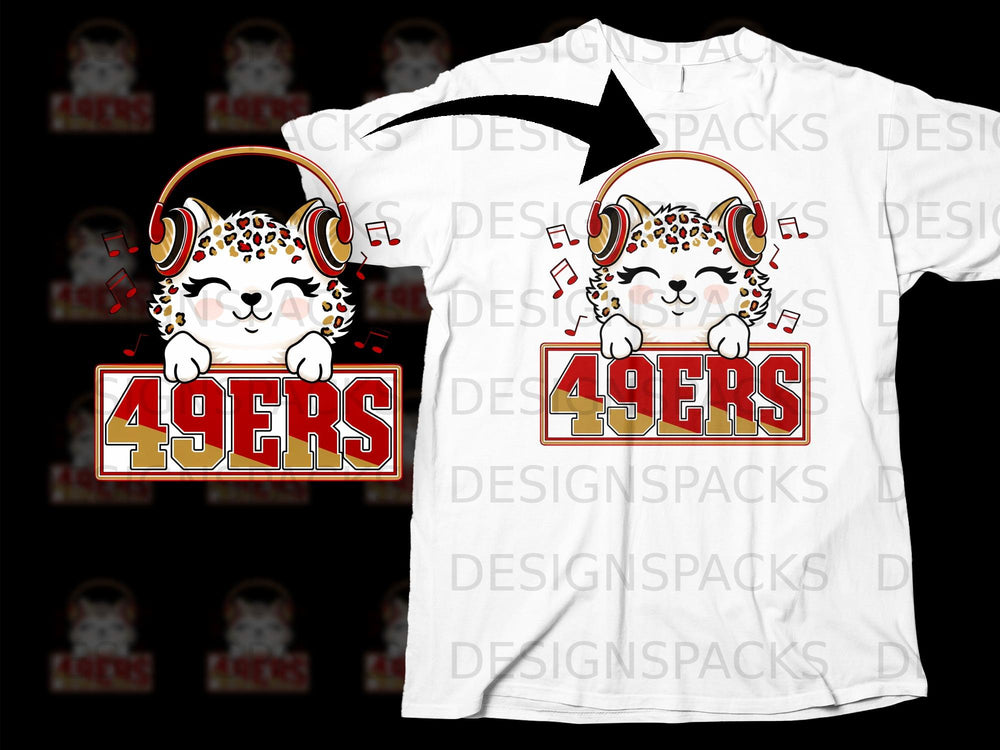 Cheetah cub wearing headphones holding a sign with "49ERS" in red and gold.