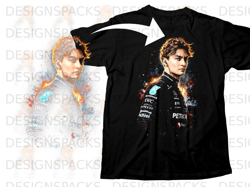 Black t-shirt with a vibrant graphic of a man with earbuds and Petronas team logos.