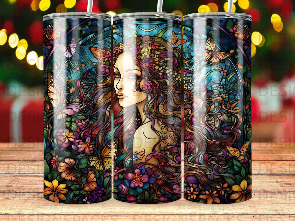 Woman with flowing hair adorned with flowers and butterflies, stained glass style.