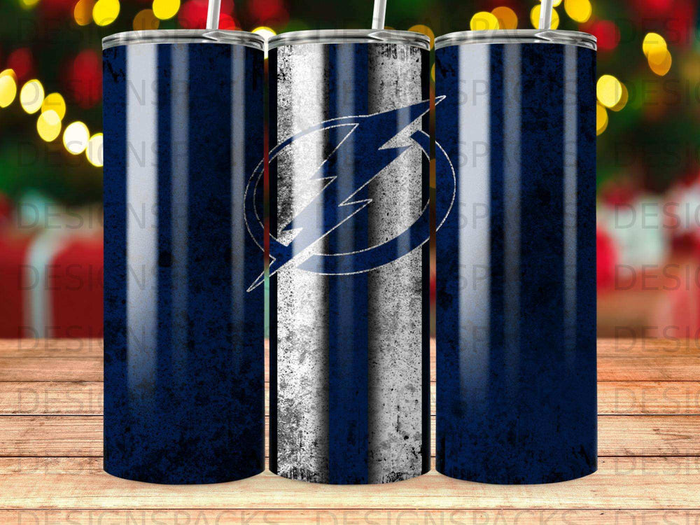 Tampa Bay Lightning logo on distressed blue and white striped tumbler.