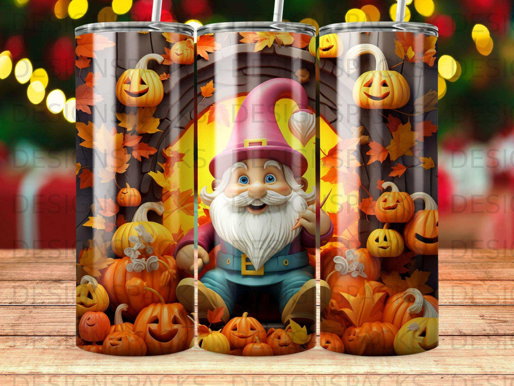Gnome surrounded by pumpkins and autumn leaves on a tumbler.
