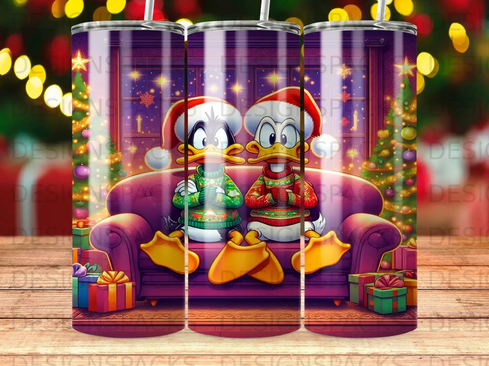 Christmas scene with two ducks wearing Santa hats and sweaters on a couch.