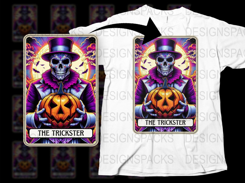 Gothic Skull and Pumpkin T-Shirt, Dark Fantasy Halloween Graphic Tee, Trickster Design, Vibrant Colors