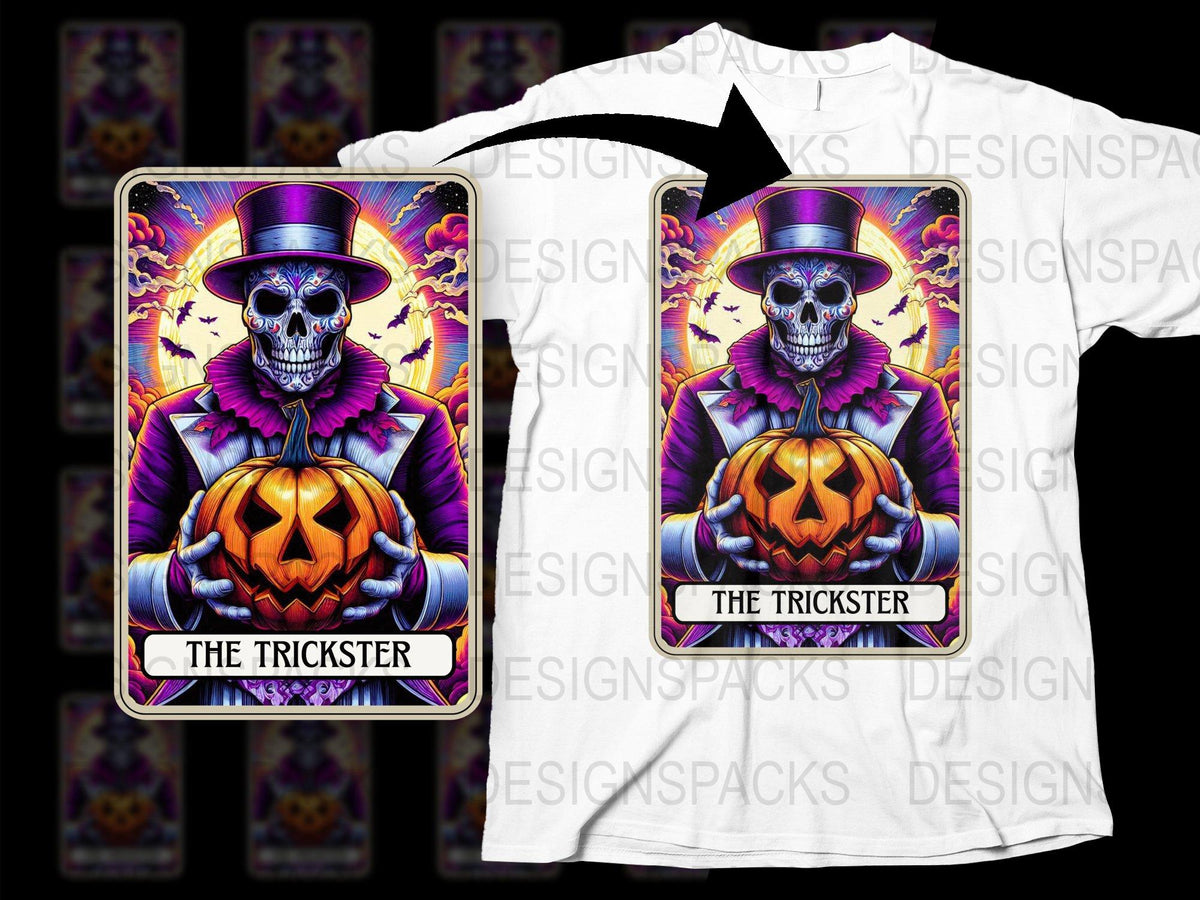 Gothic Skull and Pumpkin T-Shirt, Dark Fantasy Halloween Graphic Tee, Trickster Design, Vibrant Colors