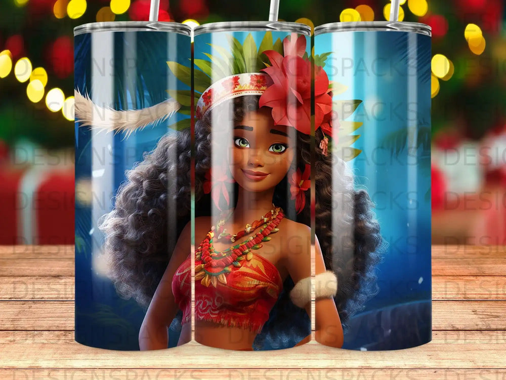 Moana character with floral headdress and beaded necklace on a patterned background.