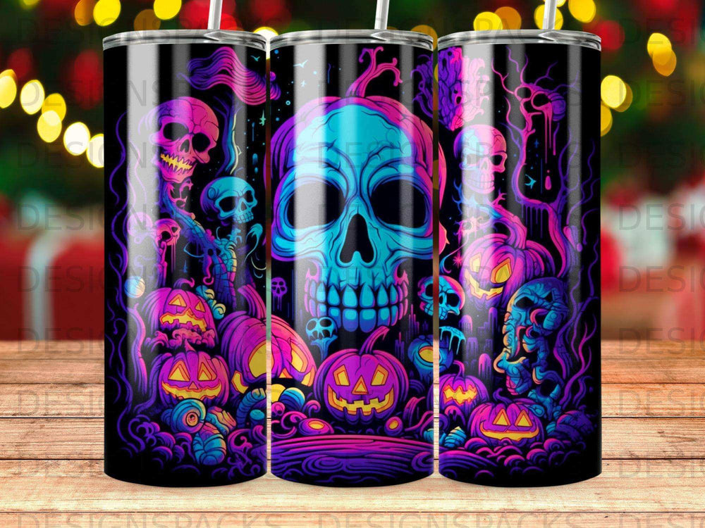 Neon skull and pumpkin Halloween design on a black tumbler.