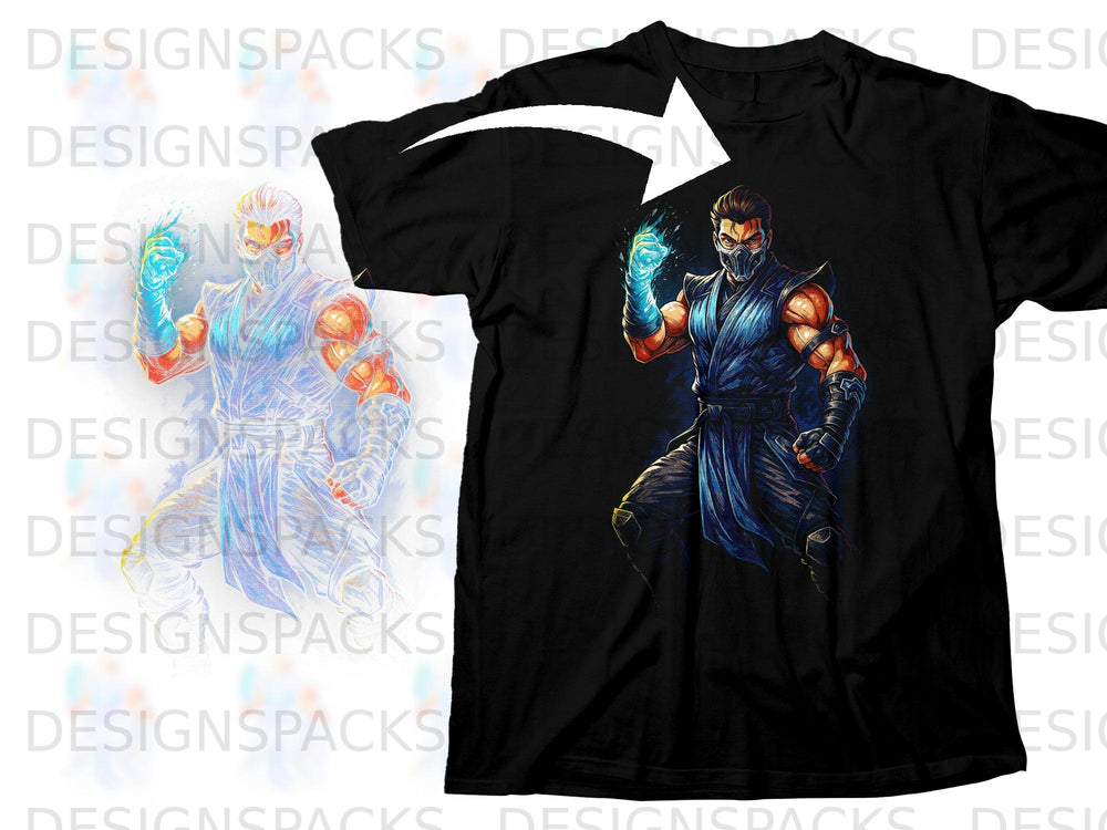 Black t-shirt with Mortal Kombat Sub-Zero graphic on the chest.