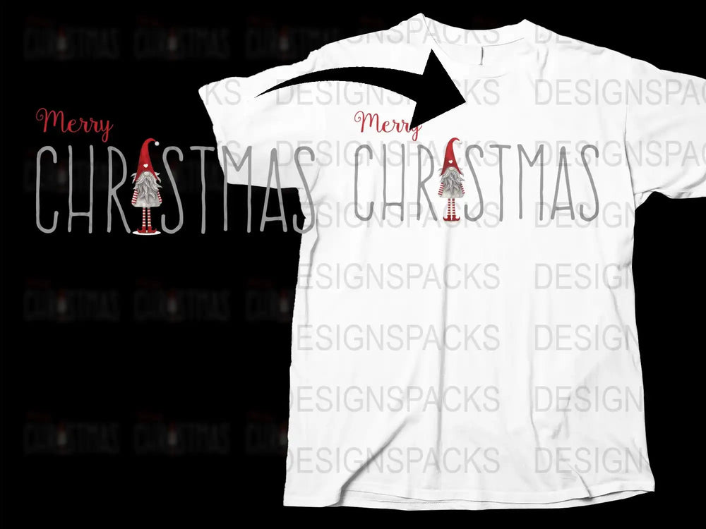 Merry Christmas T-Shirt with Red Gnome Design, Festive Holiday Casual Wear, Unisex Adult Clothing