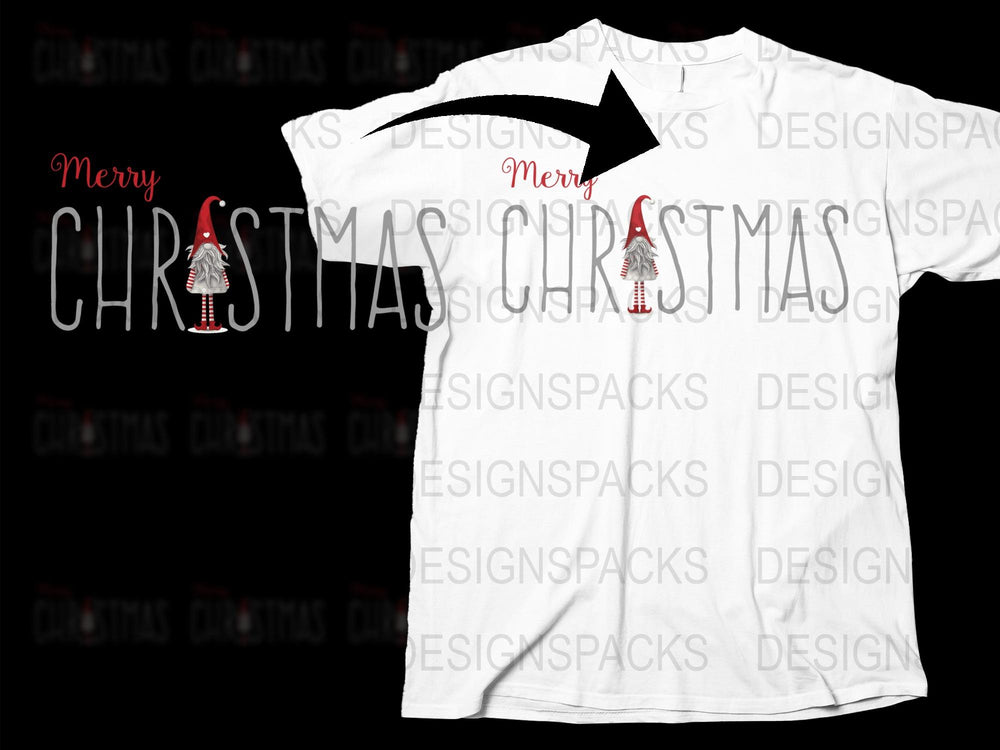 Merry Christmas T-Shirt with Red Gnome Design, Festive Holiday Casual Wear, Unisex Adult Clothing