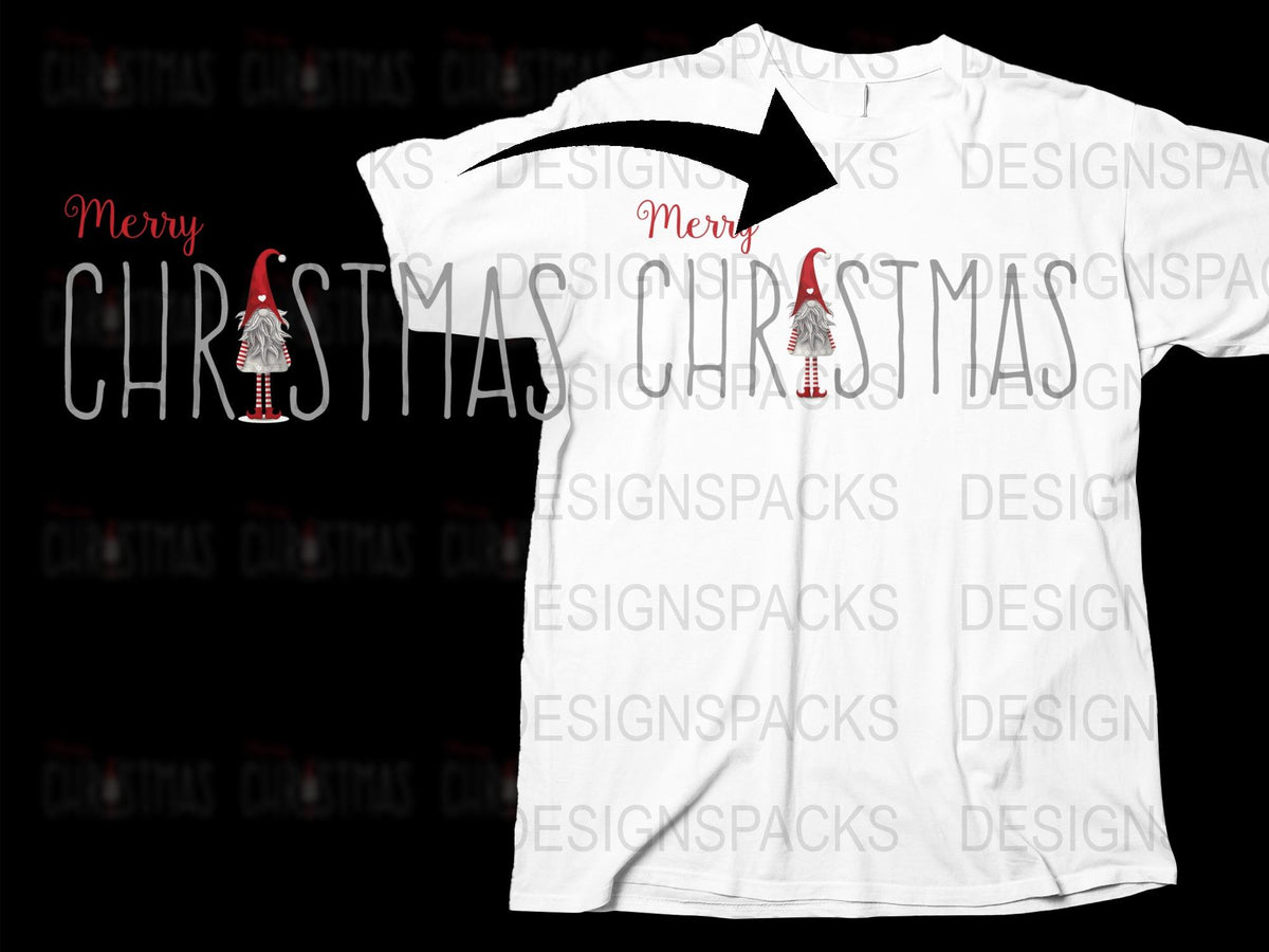 Merry Christmas T-Shirt with Red Gnome Design, Festive Holiday Casual Wear, Unisex Adult Clothing
