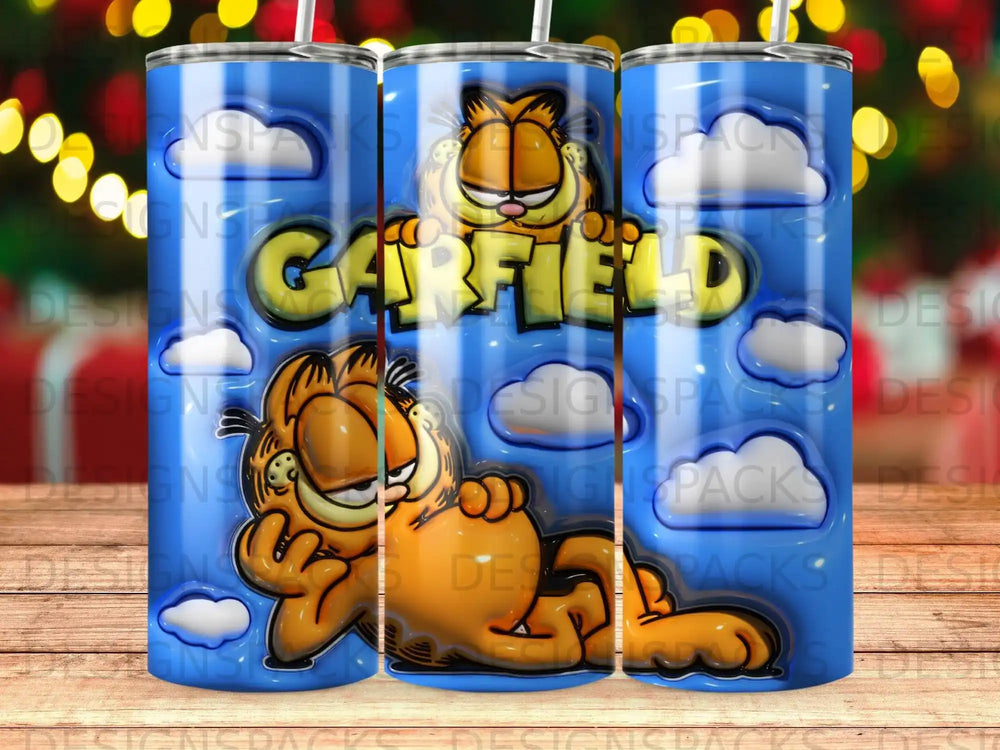 Garfield the cat lies on his stomach, a blue sky and clouds in the background.