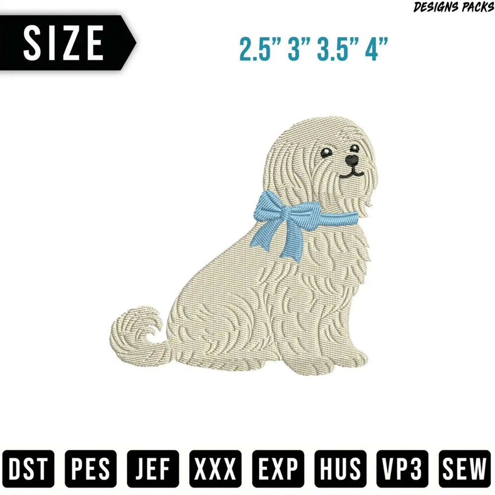 White dog with blue bow, embroidered design with size options and file formats.