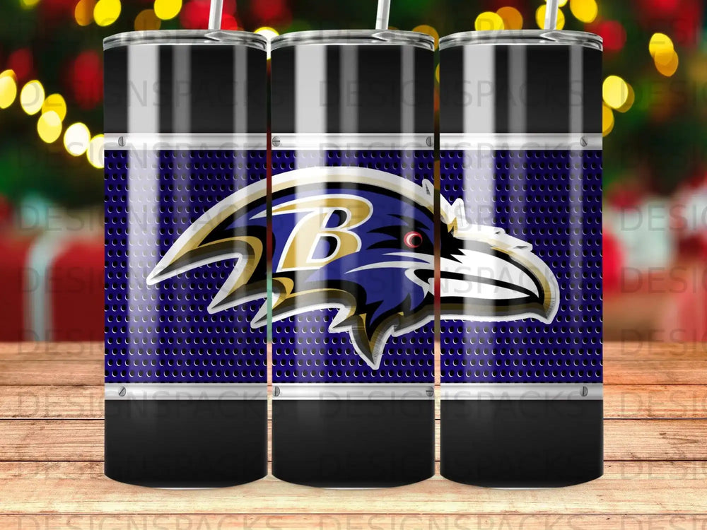 Baltimore Ravens logo on a purple textured tumbler.