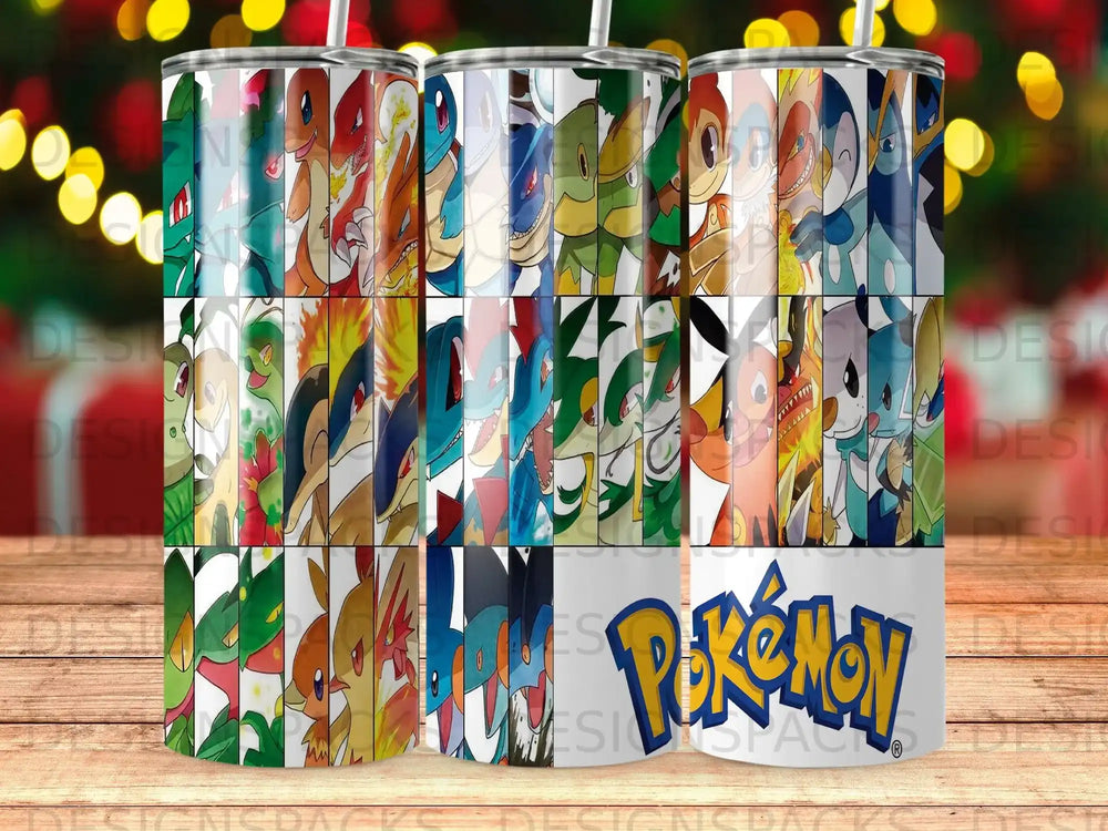 Collage of Pokémon characters on a tumbler with Pokémon logo.